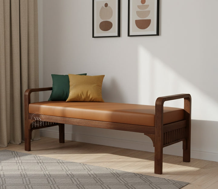 Elle Mango Wood Upholstered Bench with Ginger Bread Leatherette
