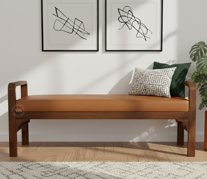 Elle Mango Wood Upholstered Bench with Ginger Bread Leatherette