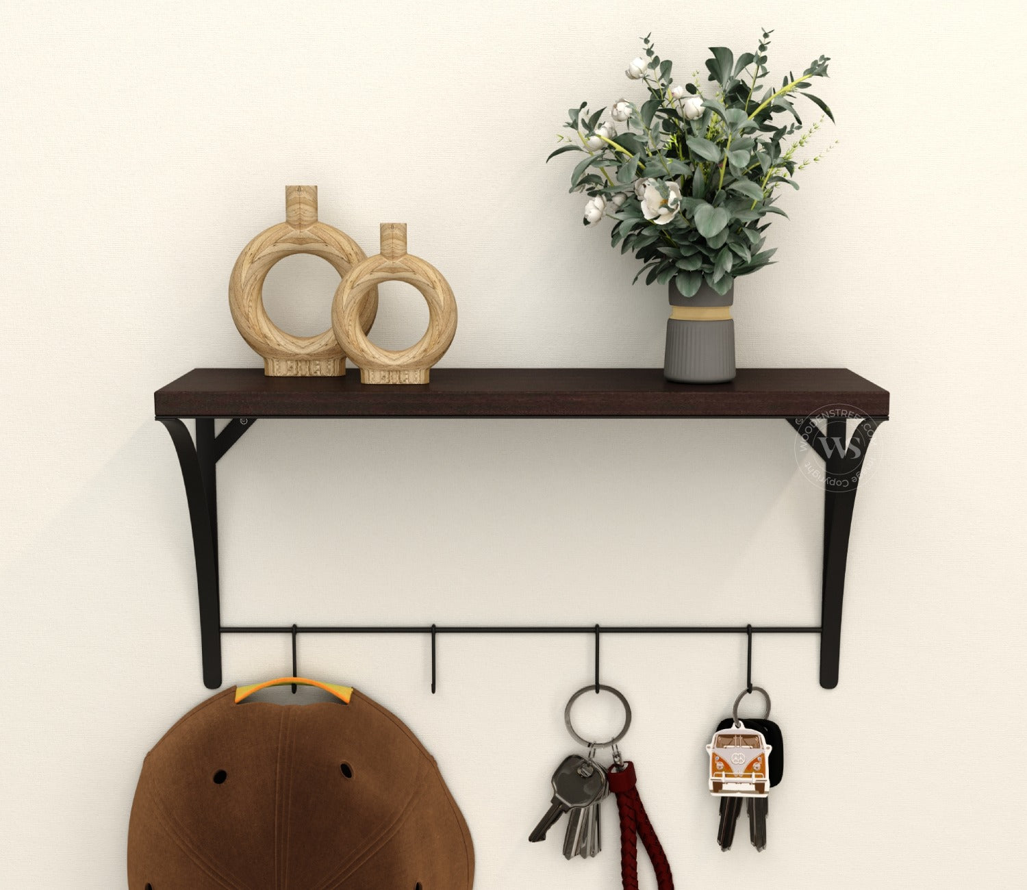 Hedwig Wooden Wall Mounted Shelf With 4 Hanging Metal Hooks