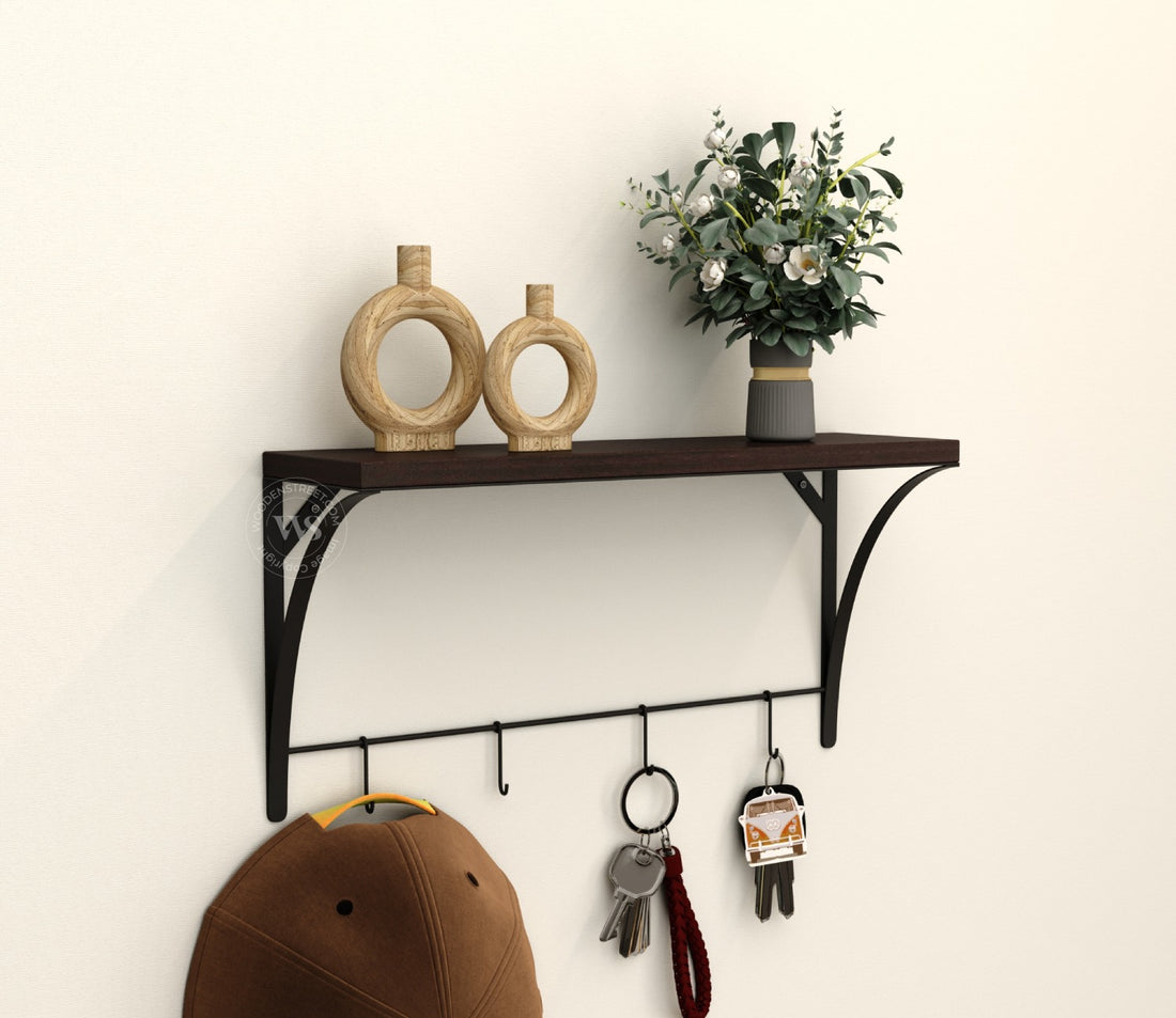 Hedwig Wooden Wall Mounted Shelf With 4 Hanging Metal Hooks