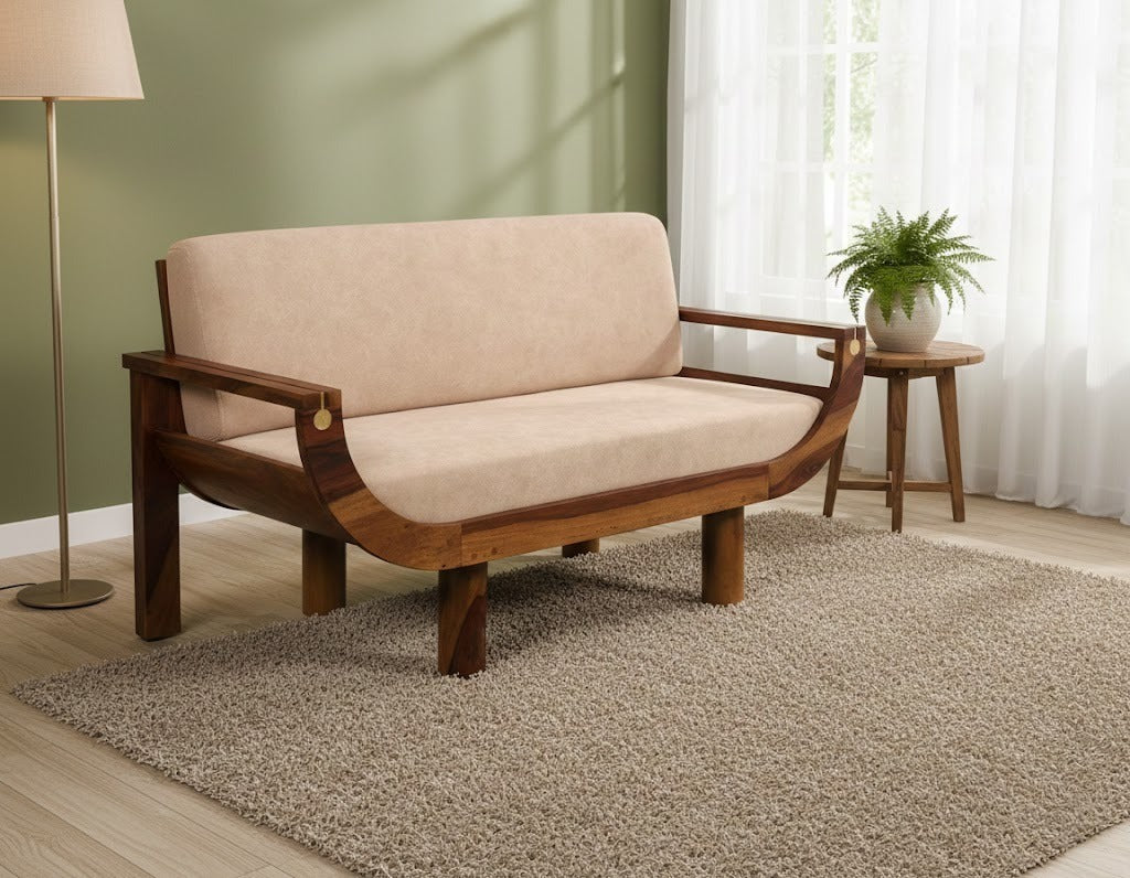 Ivory Crest 2-Seater Sofa: Compact Comfort with Solid Wood Craft