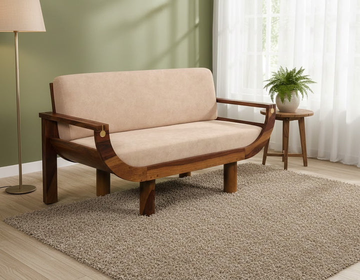 Ivory Crest 2-Seater Sofa: Compact Comfort with Solid Wood Craft